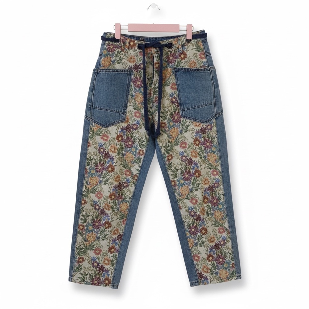 Oli & Hali Floral Panel Ankle Jeans with Blue Denim Trim Barrel Jeans